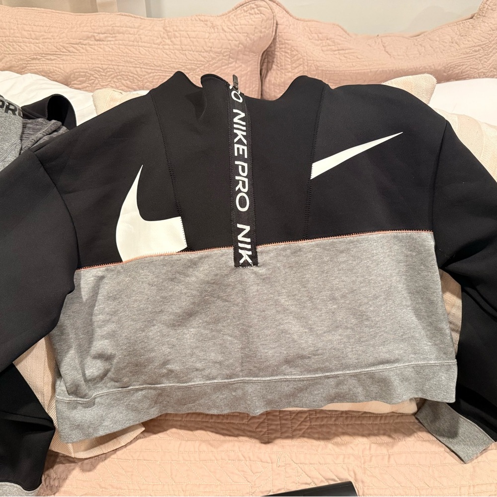 Nike Black and Gray Cropped Hoodie with White Swoosh
